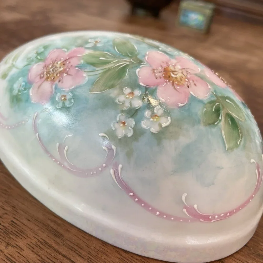 Vintage Porcelain Egg Trinket Box Hand Painted Floral Cottagecore Dresser Decor